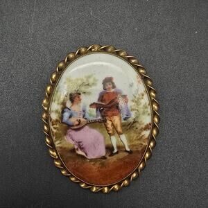 Vintage Victorian Courting Scene Brooch Oval Ceramic Man Woman